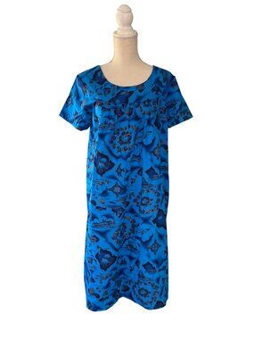 vintage Ui Maikai Hawaiian Dress 60s Hawaii Island Print muumuu blue gold M L